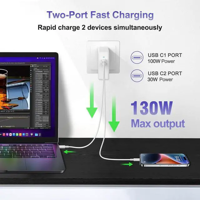 Alt view image 2 of 5 - MacBook Pro Charger/MacBook Air Charger-130W Dual USB C Charger for MacBook Pro 16, 15, 14, 13 Inch, MacBook Air M1/M2, iPad Pro/Air,iPhone 14/13 /Pro/Pro Max, PPS Galaxy S22 Ultra/S22[6.6ft Cable]