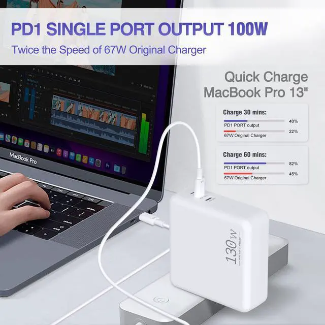 Alt view image 3 of 5 - MacBook Pro Charger/MacBook Air Charger-130W Dual USB C Charger for MacBook Pro 16, 15, 14, 13 Inch, MacBook Air M1/M2, iPad Pro/Air,iPhone 14/13 /Pro/Pro Max, PPS Galaxy S22 Ultra/S22[6.6ft Cable]