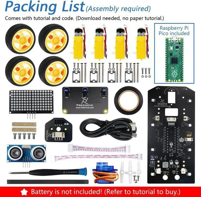 Alt view image 2 of 5 - Freenove 4WD Car Kit for Raspberry Pi Pico (Included) (Compatible with Arduino IDE), Dot Matrix Expressions, Obstacle Avoidance, Line Tracking, Light Tracing, Colorful Light
