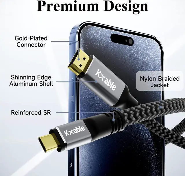 Alt view image 2 of 5 - USB C to HDMI Cable 15 FT, 4K Type-C to HDMI Braided Cord, [Thunderbolt 3/4 Compatible], for iPhone 15 Series, MacBook Pro/Air, iPad Pro, Galaxy S23, Note 20, Surface, Dell, HP, with 2 HDMI Adapters
