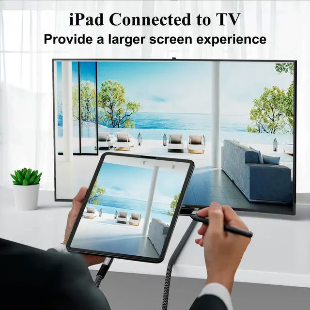 Alt view image 4 of 5 - USB C to HDMI Cable 15 FT, 4K Type-C to HDMI Braided Cord, [Thunderbolt 3/4 Compatible], for iPhone 15 Series, MacBook Pro/Air, iPad Pro, Galaxy S23, Note 20, Surface, Dell, HP, with 2 HDMI Adapters