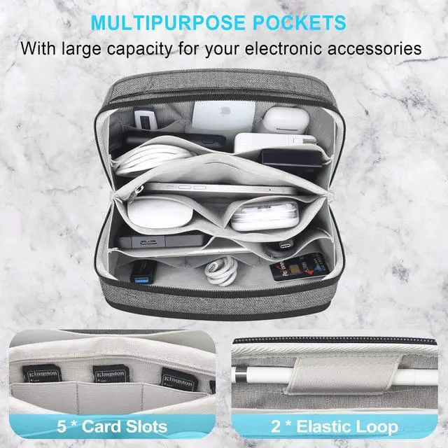 Alt view image 2 of 5 - Lacdo Electronic Organizer Accessory for MacBook Charger, Cables, Power Bank, Hard Drive, Travel Cords, SD Card, Water-resistant Storage Bag with Card Slots for Memory Card, Gray