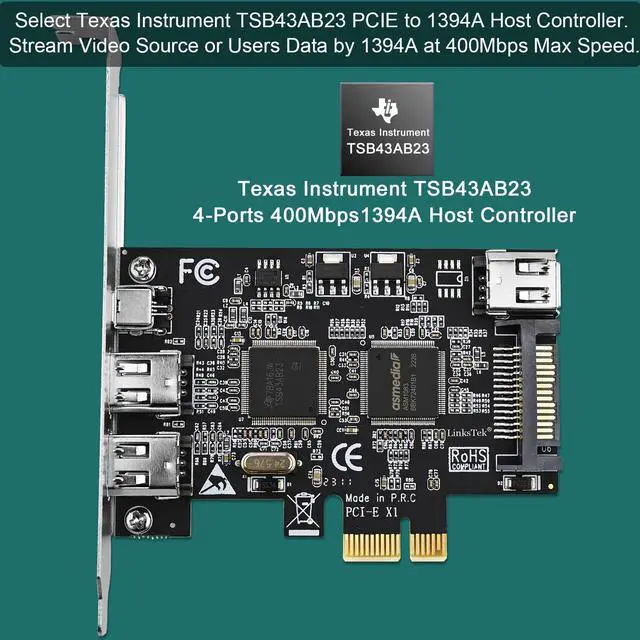 Alt view image 2 of 5 - LinksTek 4-Ports PCIE 1394A Firewire 400 Card for Windows OS and MAC OS PCs, TI TSB43AB23, 3X 6Pin and 1X 4Pin 1394A Interface, with 4Pin to 6Pin 1394A Cables and Low Profile Bracket (PCIE-TSB43AB23)