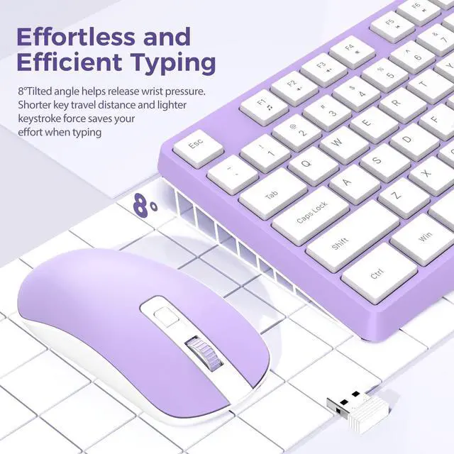 Alt view image 2 of 5 - Wireless Keyboard and Mouse Combo, Lovaky 2.4G Full-Sized Ergonomic Keyboard Mouse, 3 DPI Adjustable Cordless USB Keyboard and Mouse, Quiet Click for Computer/Laptop/Windows/Mac (1 Pack, Purple)