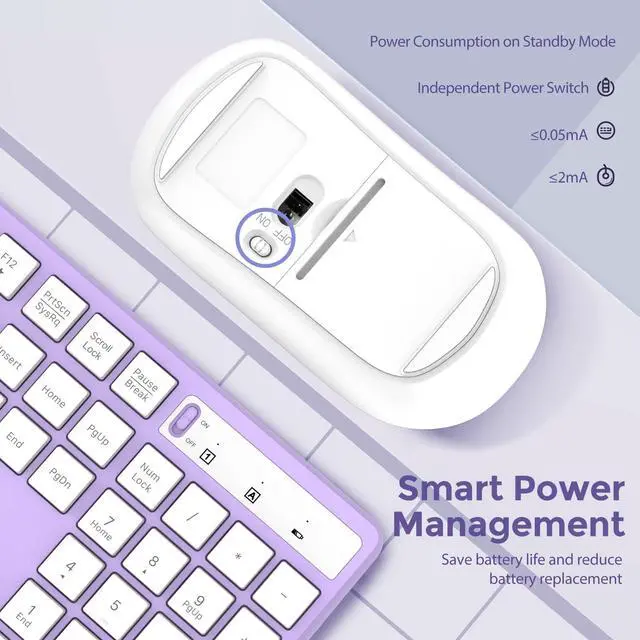 Alt view image 3 of 5 - Wireless Keyboard and Mouse Combo, Lovaky 2.4G Full-Sized Ergonomic Keyboard Mouse, 3 DPI Adjustable Cordless USB Keyboard and Mouse, Quiet Click for Computer/Laptop/Windows/Mac (1 Pack, Purple)