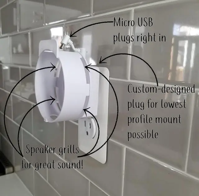 Alt view image 4 of 5 - Dot Genie Deluxe Mount for Amazon Echo Dot 2nd Generation Alexa: The Simplest and Cleanest High-End Outlet Wall Mount Hanger Stand for Kitchen and Bathroom Speakers (Matte White)