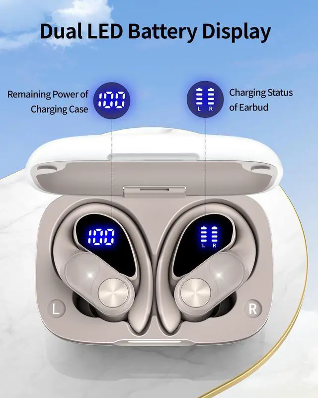 Alt view image 3 of 5 - PocBuds Bluetooth Headphones Wireless Earbuds 80hrs Playtime Wireless Charging Case Digital Display Sport Ear buds with Earhook Deep Bass IPX7 Waterproof Over-Ear Earphones for Phone Laptop Pearl Gray