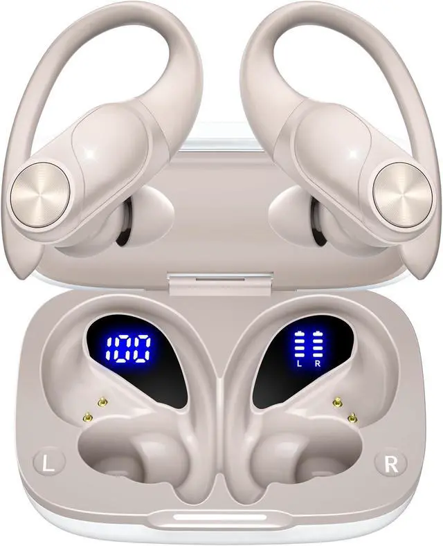 Main image of PocBuds Bluetooth Headphones Wireless Earbuds 80hrs Playtime Wireless Charging Case Digital Display Sport Ear buds with Earhook Deep Bass IPX7 Waterproof Over-Ear Earphones for Phone Laptop Pearl Gray