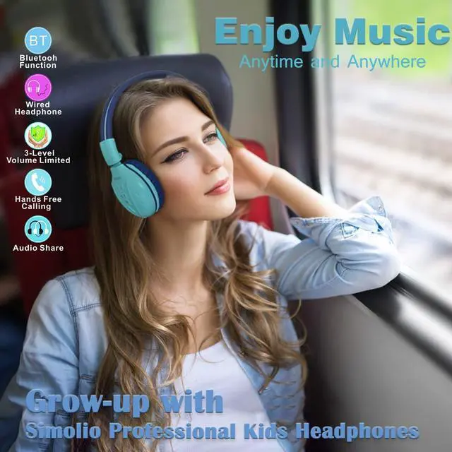 Alt view image 4 of 5 - SIMOLIO Kids Bluetooth Headphones with Microphone, Wireless Childrens Headphones with Safe Volume, Foldable Adjustable Headband, Over-Ear Headsets for Boys Girls Toddler Tablet Travel Airplane Blue