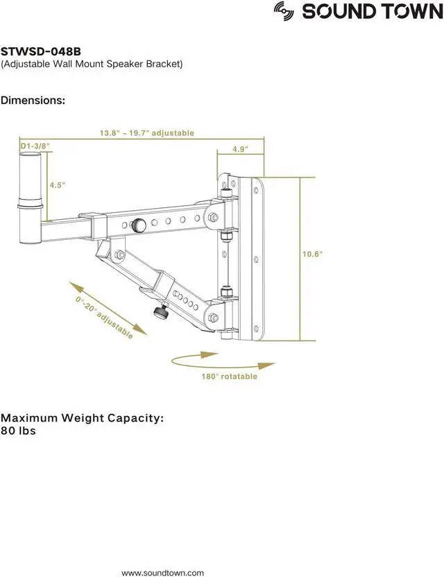 Alt view image 3 of 4 - Sound Town 2-Pack Adjustable Wall Mount Speaker Brackets with 180-degree Swivel (STWSD-048B)