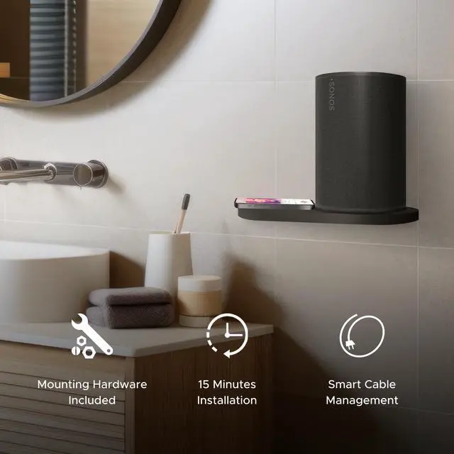 Alt view image 3 of 5 - ERA100 Shelf Wall Mount, Black, Single (1pc) Compatible with Sonos ERA 100 Speaker, Bracket, Cord Management, Mounting Hardware