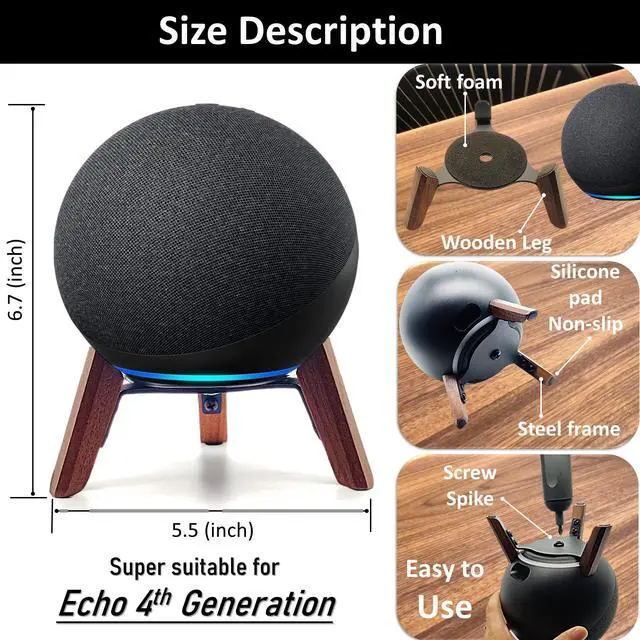 Alt view image 2 of 5 - Real Wood Stand for Echo (4th Gen) Speaker (2020),Tripod Holder Accessories Protect Alexa Speaker for Sound Better,Secure Stable Wooden Mount with Metal Frame for Echo Newest Model 2024 (Walnut)