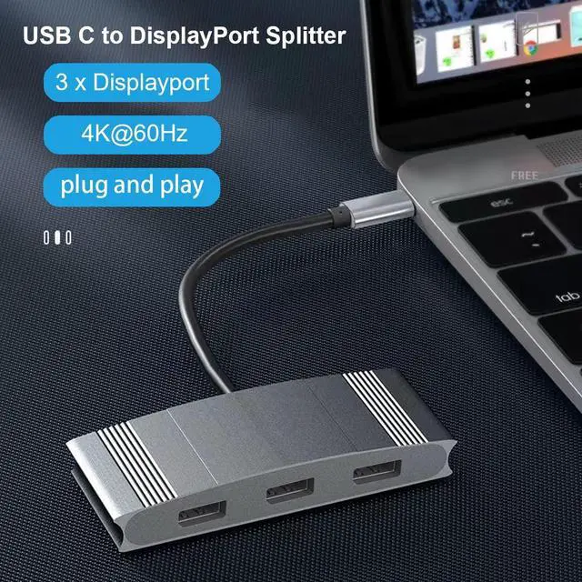 Alt view image 2 of 5 - WJESOG USB C to 3 DisplayPort Splitter,Type C Multi Monitor 3 Port Support Dual 4K@60Hz or One 4K@60Hz and Two 4K@30Hz Compatible Windows and Mac OS