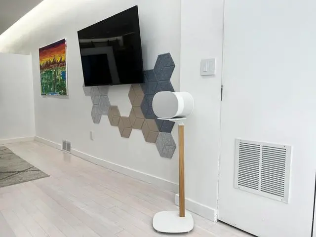 Alt view image 4 of 5 - ynVISION.DESIGN Wood Speaker Stands | Pair | Max 22 LBS per Stand | Compatible with Sonos Era 300 and Most Bookshelf Speakers | 31 inches Tall | Foam Pad - Built in Cable Management | White and Beech