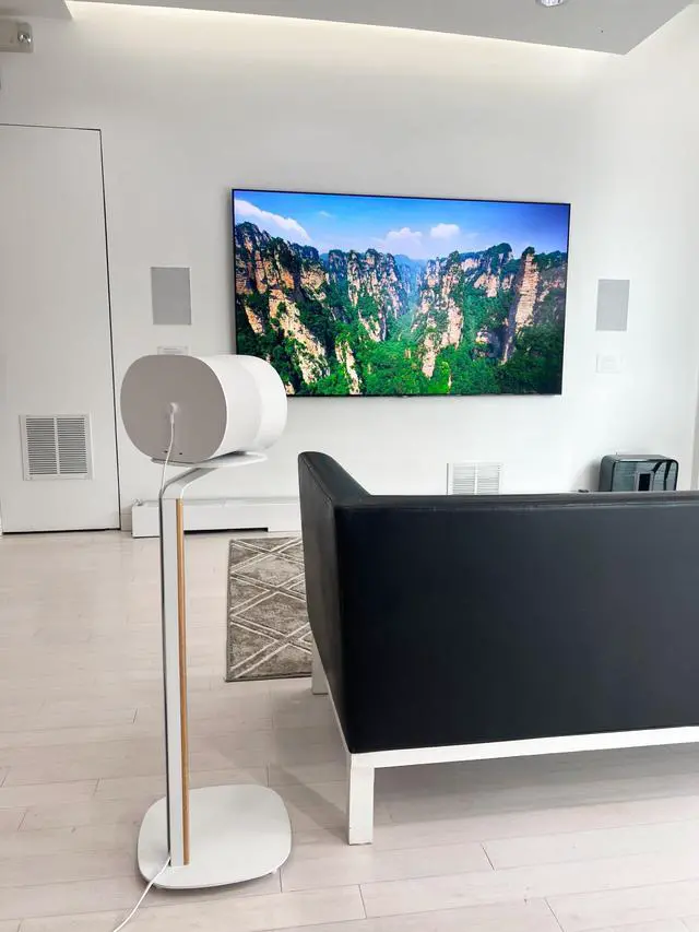 Alt view image 5 of 5 - ynVISION.DESIGN Wood Speaker Stands | Pair | Max 22 LBS per Stand | Compatible with Sonos Era 300 and Most Bookshelf Speakers | 31 inches Tall | Foam Pad - Built in Cable Management | White and Beech