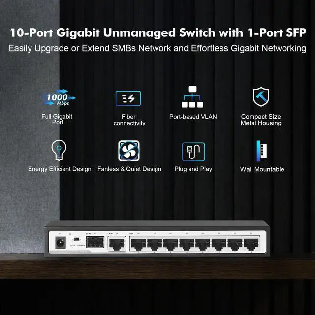 Alt view image 2 of 5 - YuLinca 10 Port Gigabit Ethernet Switch, 8 x 100/1000Mbps Ports, 1 Gigabit Uplink, 1 Gigabit SFP, Support Vlan, Metal Fanless Unmanaged Plug and Play
