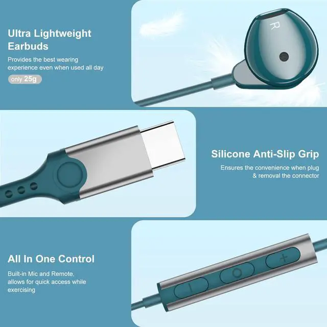 Alt view image 2 of 5 - ACAGET 2 Pack USB C Headphones, Galaxy S23 Ultra Earbuds Wired Earphone for Android Semi in Ear USB Type C Headphone HiFi Stereo USB C Earphones for Samsung Galaxy S22 S21 S20 A53 Black & Teal Blue