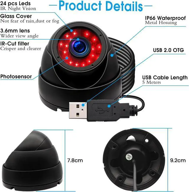 Alt view image 5 of 5 - ALPCAM USB Camera Security Camera Outdoor Dome USB Webcam, 720P Day & Night Vision USB Camera for Computer, Waterproof Camera with IR LEDs for Car Park Baby Monitor Home Surveillance