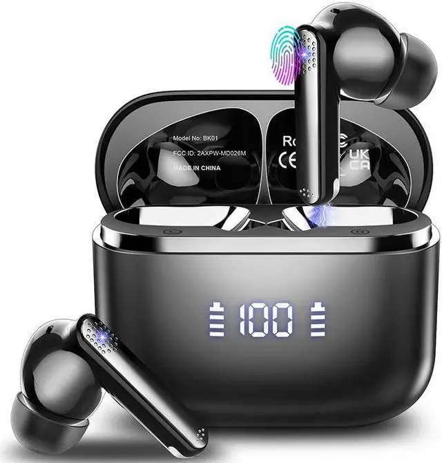 Alt view image 4 of 5 - Wireless Earbuds, Bluetooth 5.3 Headphones Stereo Bass with Noise Cancelling Mic, 48Hrs Playtime in Ear Ear Buds with LED Power Display Charging Case, IPX7 Waterproof Earphones for Android iOS Sports