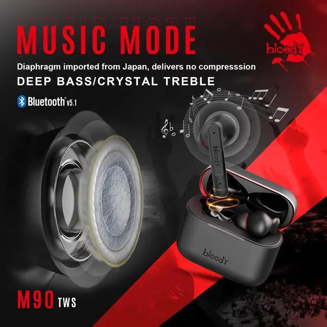 Alt view image 2 of 5 - Bloody M90 TWS Active Noise Cancelling Bluetooth Gaming Earbuds, Hybrid Carbon Diaphragm, Bass Music & Low Latency Gaming Mode, Dual ENC Microphone, IPX4 Rate, with Wireless Charging Case