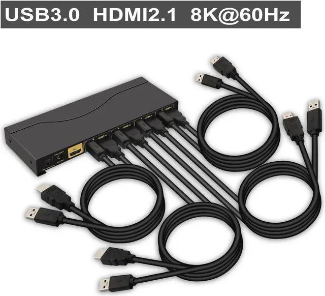 Alt view image 2 of 5 - CKLau 4 Port KVM HDMI Switch with Audio, USB 3.0 Hub, Black, Push Button Actuator, Manual Operation