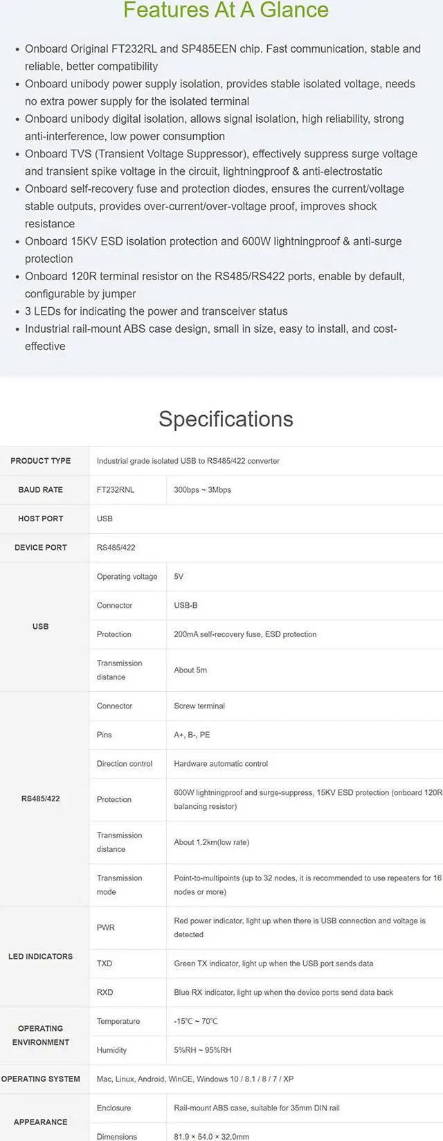 Alt view image 4 of 5 - coolwell Industrial Grade Isolated USB to RS485/422 Converter, with Original FT232RL and SP485EEN, Supports Mac, Linux, Android, Wince, Windows 10 8.1 8 7 XP