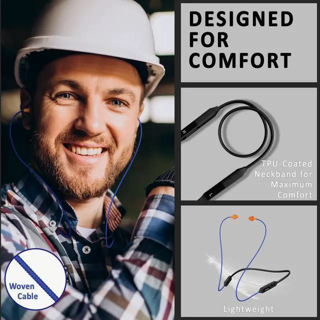 Alt view image 3 of 5 - Cuzabe Bluetooth Earplug Headphones, 29dB Noise Reduction Earbuds for Work, Neckband Wireless Earplugs Earphones with 30 Hour Battery, IPX5 Sweatproof, OSHA Compliant for Industrial Safety