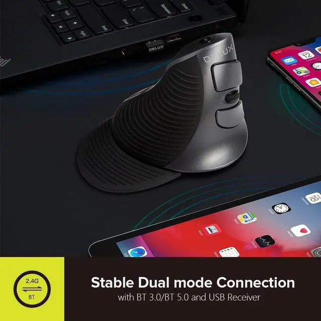 Alt view image 3 of 5 - DeLUX Rechargeable Ergonomic Wireless Mouse Silent, 1600DPI, Reduce Hand and Wrist Pain, Vertical Mouse with USB Receiver and BT 5.0, 6 Buttons and Removable Palm Rest (M618G DB-Black)