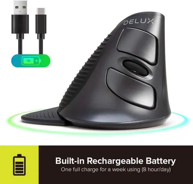 Alt view image 5 of 5 - DeLUX Rechargeable Ergonomic Wireless Mouse Silent, 1600DPI, Reduce Hand and Wrist Pain, Vertical Mouse with USB Receiver and BT 5.0, 6 Buttons and Removable Palm Rest (M618G DB-Black)