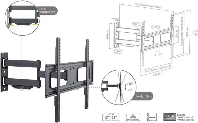 Alt view image 2 of 3 - Full Motion Tilt & Swivel TV Wall Mount 37"-70" TVs LED/LCD/Curved TVs TVs- Holds Up to 110 lbs