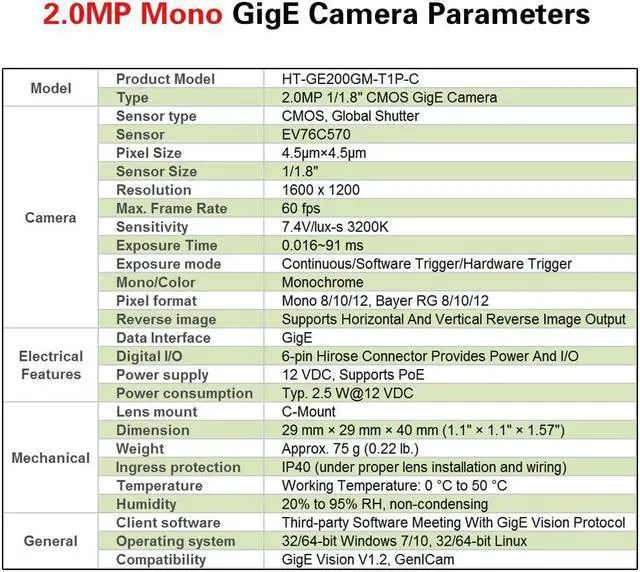 Alt view image 5 of 5 - HTENG VISHI Gigabit GigE Ethernet 2.3MP 2/3" Mono Global Shutter Industrial Camera Machine Vision C Mouth CMOS Area Scan Camera 1920X1200 51FPS Indoor