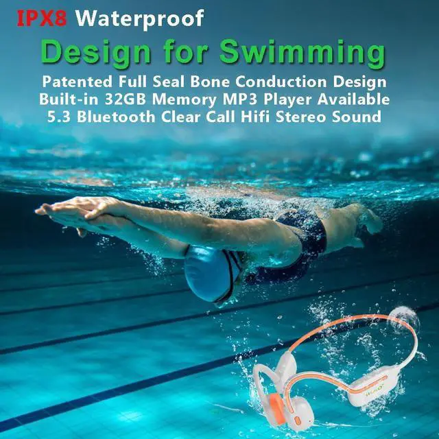 Alt view image 3 of 5 - IHAO Swimming Headphones True Bone Conduction Open Ear Headset MP3 Player Built-in 32G Memory IP68 Underwater Waterproof Stereo Bluetooth Earphone for Driving Bicycling Running Skiing-Orange