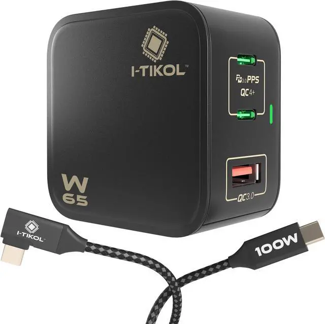 Main image of I-TIKOL 65W USB C Charger Block 3 Port - Foldable GaN Fast Charger with Cable Type C - PD 3.0 PPS QC 4+ Wall Charger Adapter for MacBook Air/Pro, Dell XPS, iPad Pro, iPhone 14/Pro/Max, A1901-04
