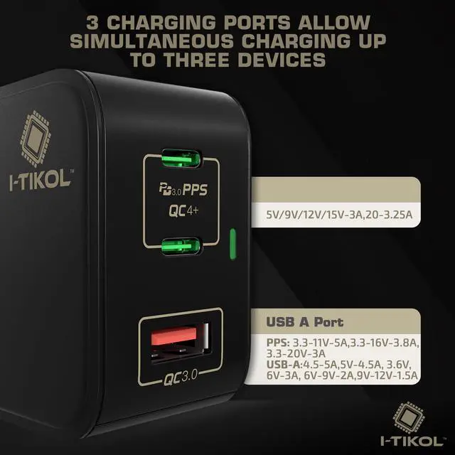 Alt view image 3 of 5 - I-TIKOL 65W USB C Charger Block 3 Port - Foldable GaN Fast Charger with Cable Type C - PD 3.0 PPS QC 4+ Wall Charger Adapter for MacBook Air/Pro, Dell XPS, iPad Pro, iPhone 14/Pro/Max, A1901-04