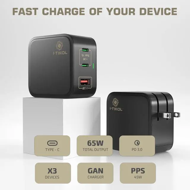Alt view image 4 of 5 - I-TIKOL 65W USB C Charger Block 3 Port - Foldable GaN Fast Charger with Cable Type C - PD 3.0 PPS QC 4+ Wall Charger Adapter for MacBook Air/Pro, Dell XPS, iPad Pro, iPhone 14/Pro/Max, A1901-04