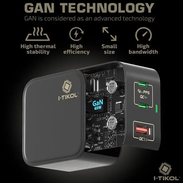 Alt view image 5 of 5 - I-TIKOL 65W USB C Charger Block 3 Port - Foldable GaN Fast Charger with Cable Type C - PD 3.0 PPS QC 4+ Wall Charger Adapter for MacBook Air/Pro, Dell XPS, iPad Pro, iPhone 14/Pro/Max, A1901-04