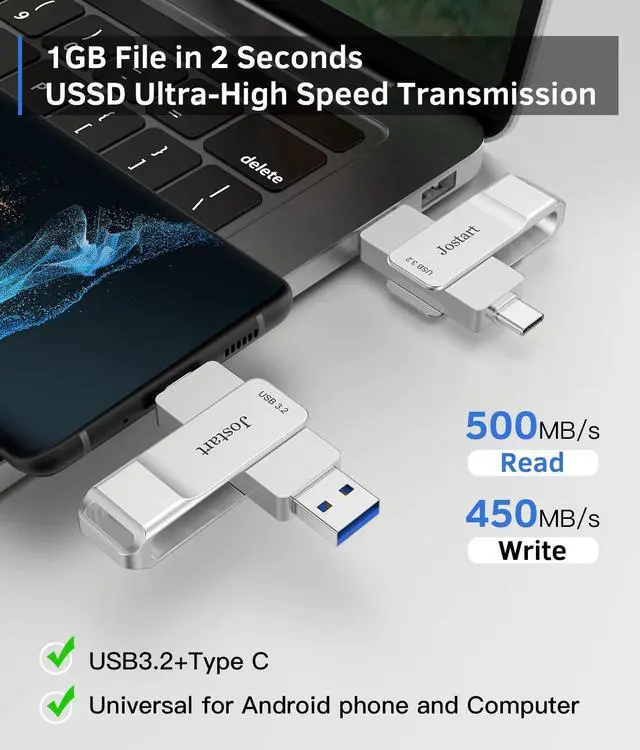 Alt view image 2 of 5 - JOSTART USB C Flash Drive128GB, High Speed USB 3.2 Memory Stick, 500MB/s USB C Thumb Drive Photo Stick for iPhone 15 Series/PS4/USB C iPad/OTG Android/Windows/Mac OS/iOS/Linux