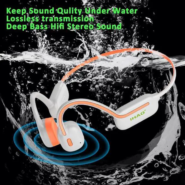 Alt view image 2 of 5 - IHAO Swimming Headphones True Bone Conduction Open Ear Headset MP3 Player Built-in 32G Memory IP68 Underwater Waterproof Stereo Bluetooth Earphone for Driving Bicycling Running Skiing-Orange