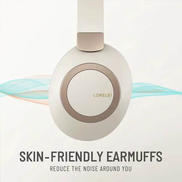 Alt view image 4 of 5 - LORELEI B-C6 Wireless Over Ear Headphones, 50H Playtime Foldable Lightweight Bluetooth Headsets, Deep Bass, Built-in Microphone, Memory Foam Earmuff, for Travel, Home Office (Beige White)