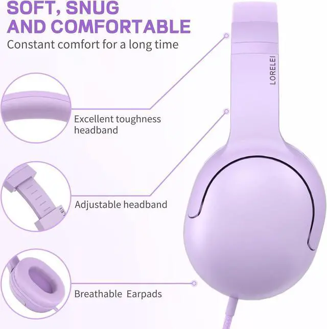 Alt view image 4 of 5 - LORELEI E5 Wired On Ear Headphones (Purple) & X8 Wired Over Ear Headphones (Dark Purple)