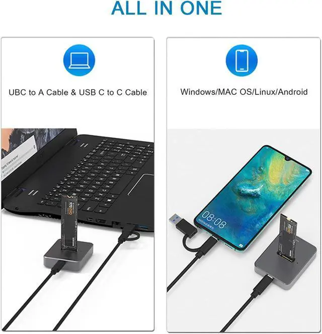 Alt view image 4 of 5 - M.2 NVMe & SATA to USB C Docking Station, Aluminum Alloy M.2 SSD to USB A C Reader Adapter for 2280 2260 2242 2230 Enclosure, Fits Both M.2 (M Key, B+M Key) NVMe and SATA NGFF SSDs