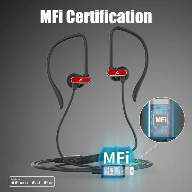 Alt view image 2 of 5 - ADPROTECH Lightning Earbuds with Ear-Hook Sports Earphones for iPhone 14/13/12/11 Pro Max/X/XS Max/XR - MFi Certified with Mic Red