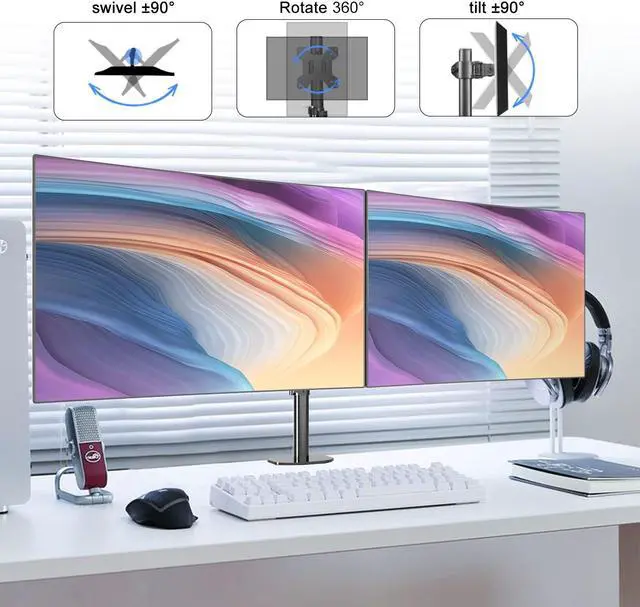 Alt view image 4 of 5 - Pholiten Dual Monitor Stand,Heavy Duty Adjustable Monitor Desk Mount for 2 Screens up to 38Inches,Dual Monitor Arm with Height Adjustable Tilt Swive Rotate,Holds up to 22 lbs