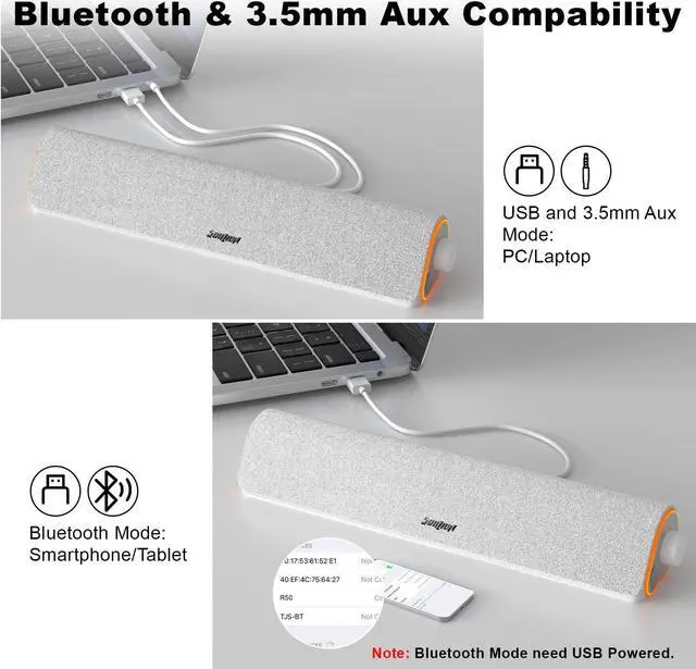 Alt view image 4 of 4 - SOULION R50 Bluetooth Computer Speakers for Desktop PC Monitor White,Wired USB Powered 3.5mm Aux PC Speakers Sound Bar,4 Modes LED Lights with Switch Button,Surround Sound Soundbar for Computer