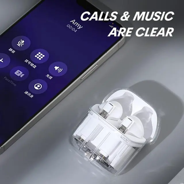 Alt view image 3 of 5 - True Wireless Earbuds Bluetooth in Ear Headphones for iPhone Android Transparent Blue Tooth 5.3 Ear Buds Deep Bass TWS Wireless Earphones with Microphone Cordless Earbud with Charging Case White