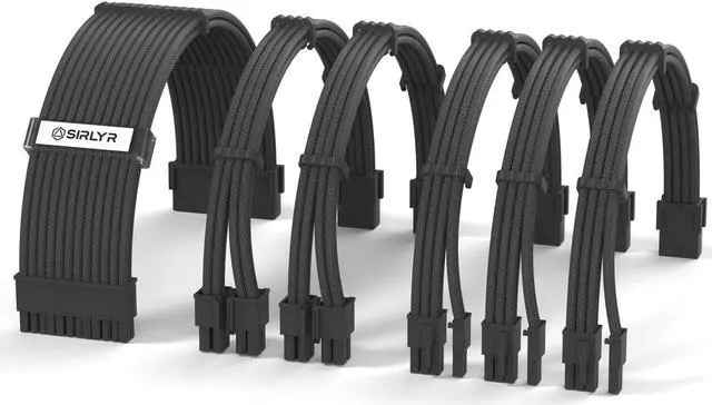 Main image of Sirlyr PSU Cable Extension,One Way Bend Design PC Cables Extensions- Soft Braided 1x 24Pin ATX / 2X 8 (4+4) Pin EPS/Gold-Plated 3X 8 (6+2) Pin PCIE for Power Supply,16AWG Black 6 Kits