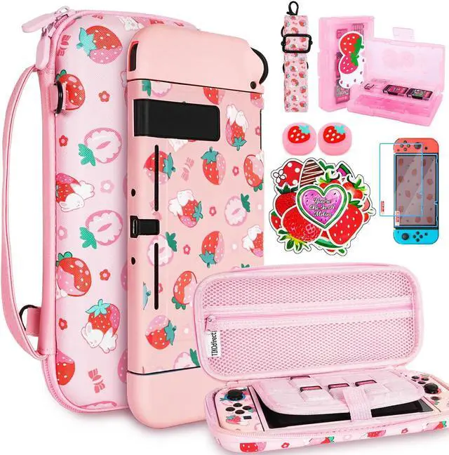 Main image of TIKOdirect Carrying Case for Switch, Cute Portable Travel Bag Accessories with Soft Protective Cover, Screen Protectors and Thumb grip caps, Game Card Case 7in1, Pink