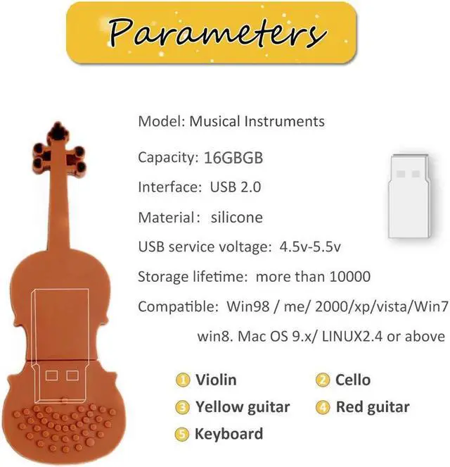 Alt view image 2 of 5 - LEIZHAN 5x16GB USB Flash Drive Musical Instruments USB 2.0 Memory Stick Pen Drive(Yellow Guitar,Red Guitar,Cello,Violin,Piano)