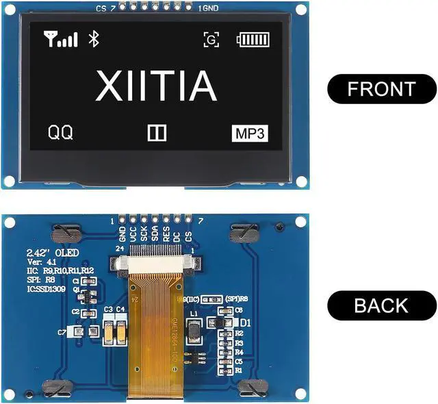 Alt view image 2 of 5 - XIITIA 2pcs 2.42 inch 128x64 OLED LCD Display Module SSD1309 7 Pin SPI/IIC I2C Serial Interface for Arduino UNO R3 (White Light)