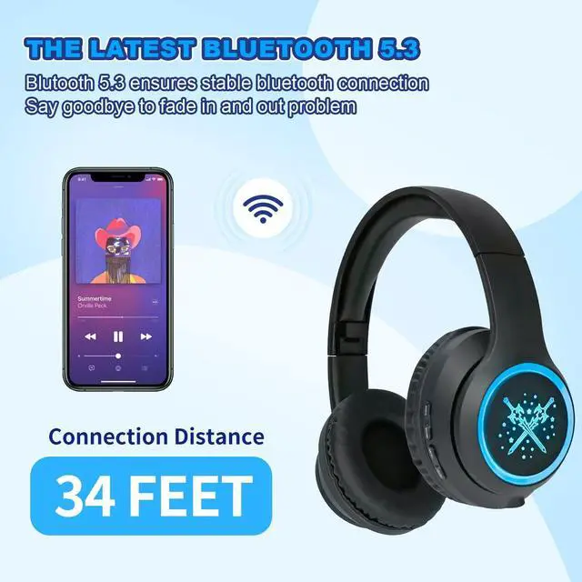 Alt view image 5 of 5 - YUSONIC Wireless Headphones with led Lights,Kids Headphones Bluetooth Over Ear with Microphone for School/Travel/Phone/Kindle/pc/tv / MP3 (Black)